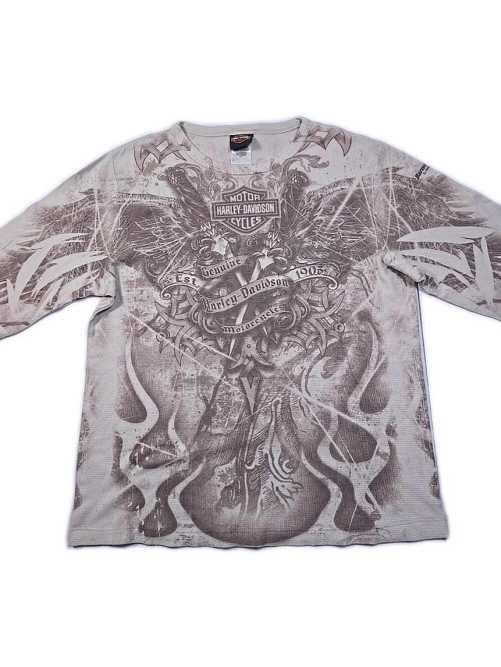 VTG Harley Davidson - Brown Flame Waffle Knit Themal Long Sleeve Shirt - Mens XL - Picture 6 of 16